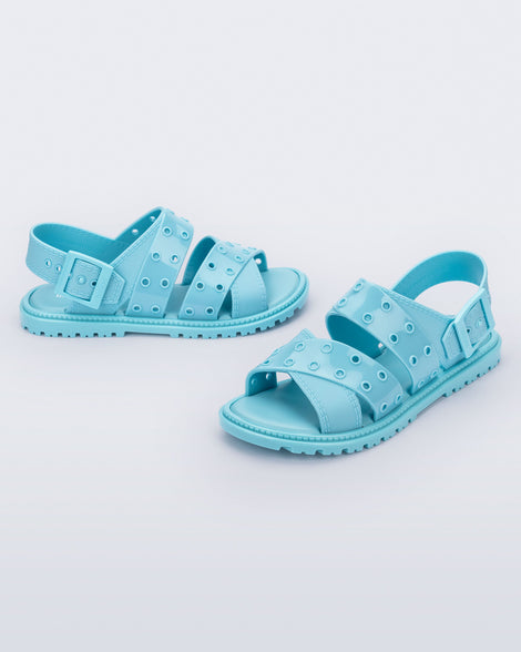 Side and angled view of a pair of blue Lock sandals with back strap