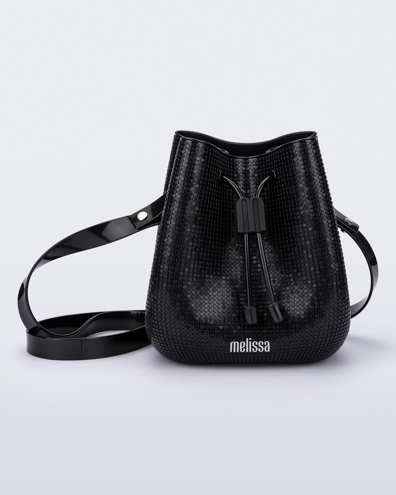 Front view of a black Lux bucket bag with drawstring and strap