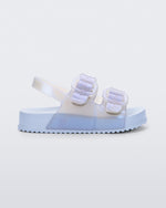 Side view of a baby pearly blue Cozy sandal