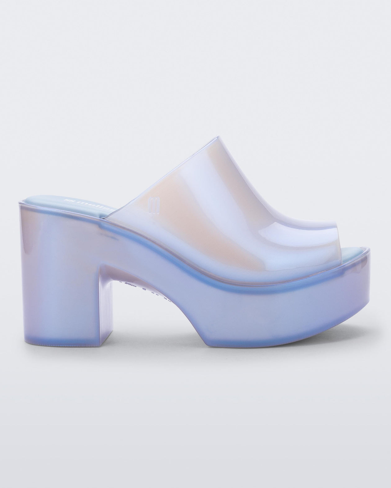 Side view of a pearly blue Mule Hype heel platform