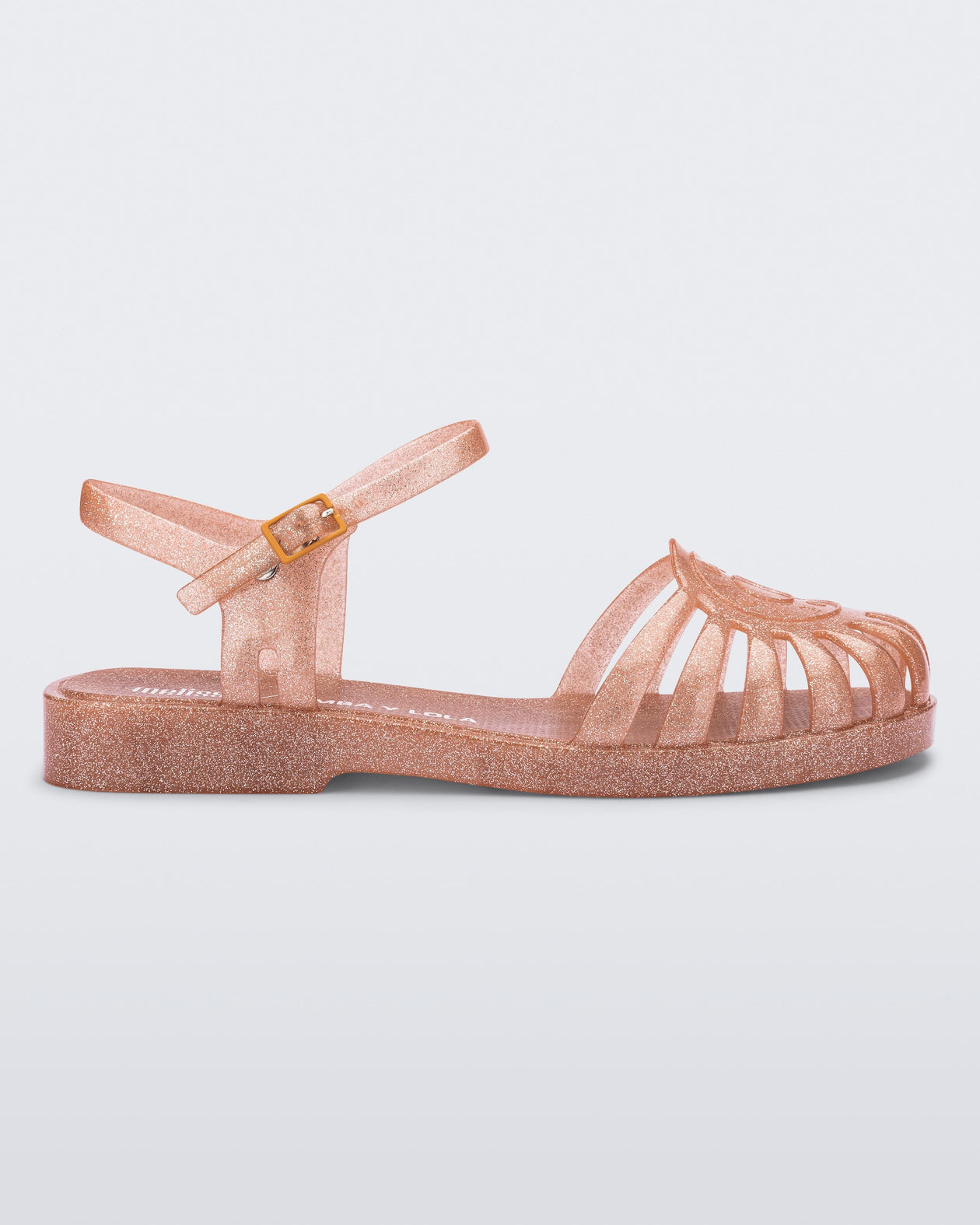 Side view of a glitter orange Sandal + Bimba y Lola with ankle strap