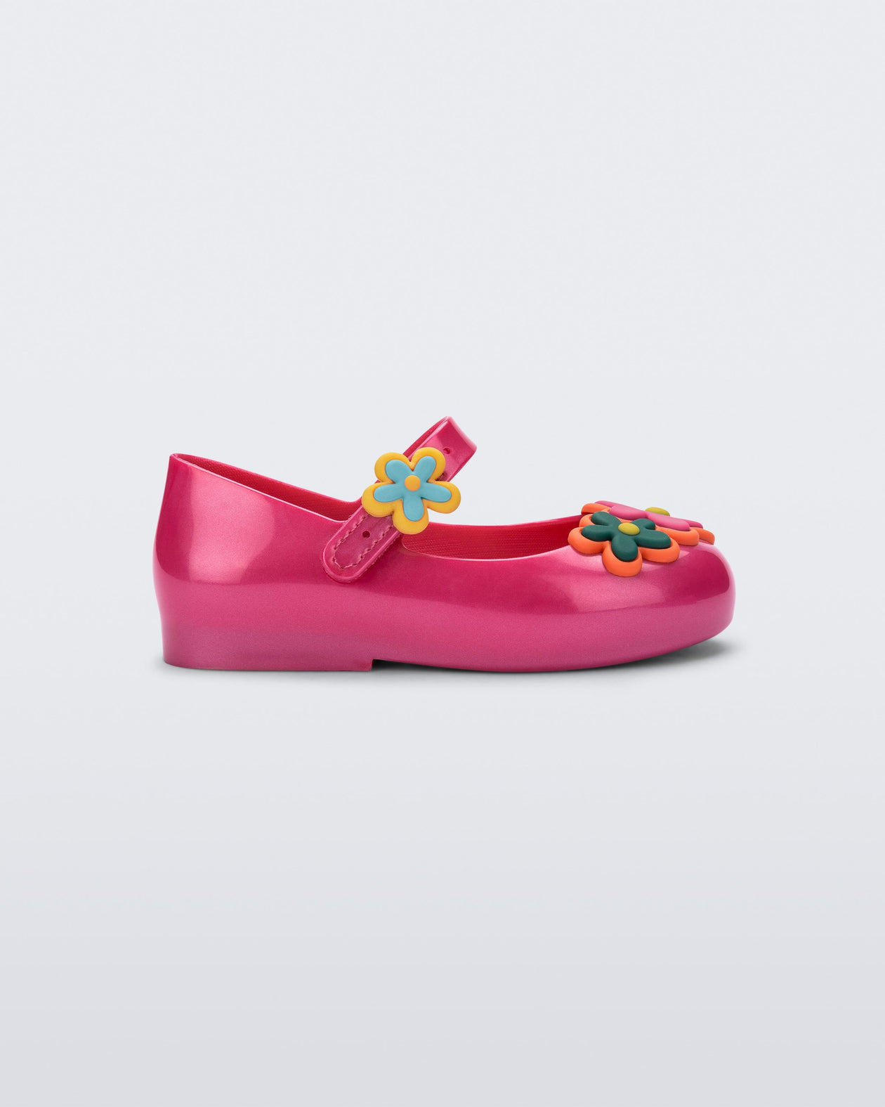 Side view of a pink Sweet Love Picnic baby flats with flowers