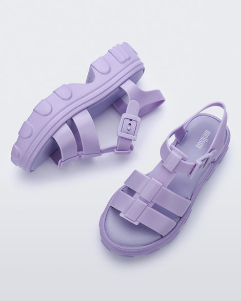 Side and top view of a pair of lilac Ella platform sandals