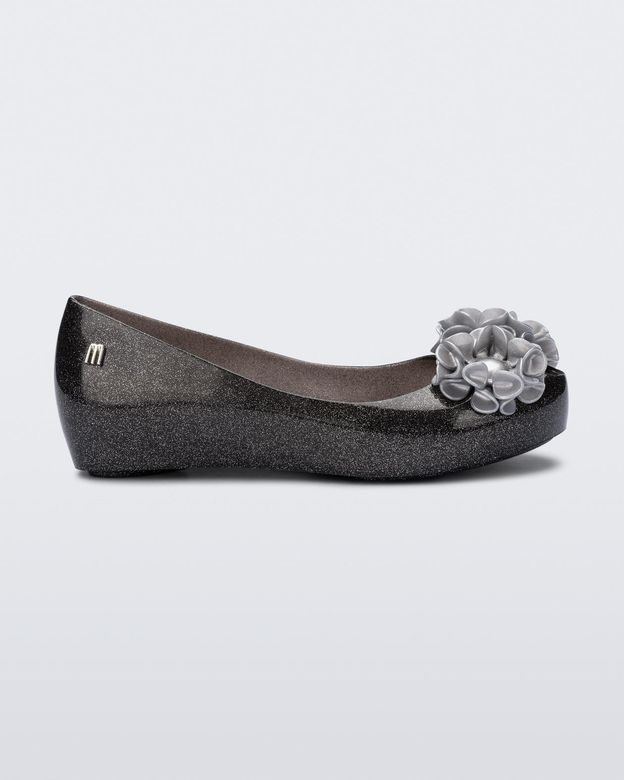 Side view of a glitter black kids Ultragirl Springtime flats