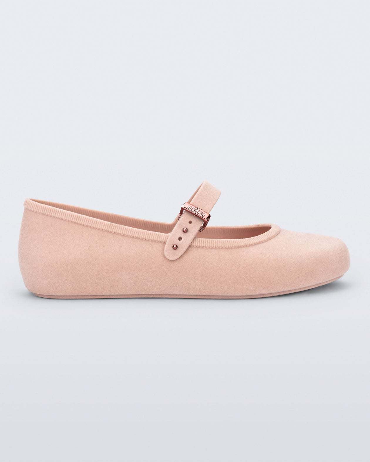 Side view of a pink Soft Ballerina Velvet flat.