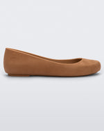 Side view of a beige flocked Melissa Sweet Love Basic Velvet flat.