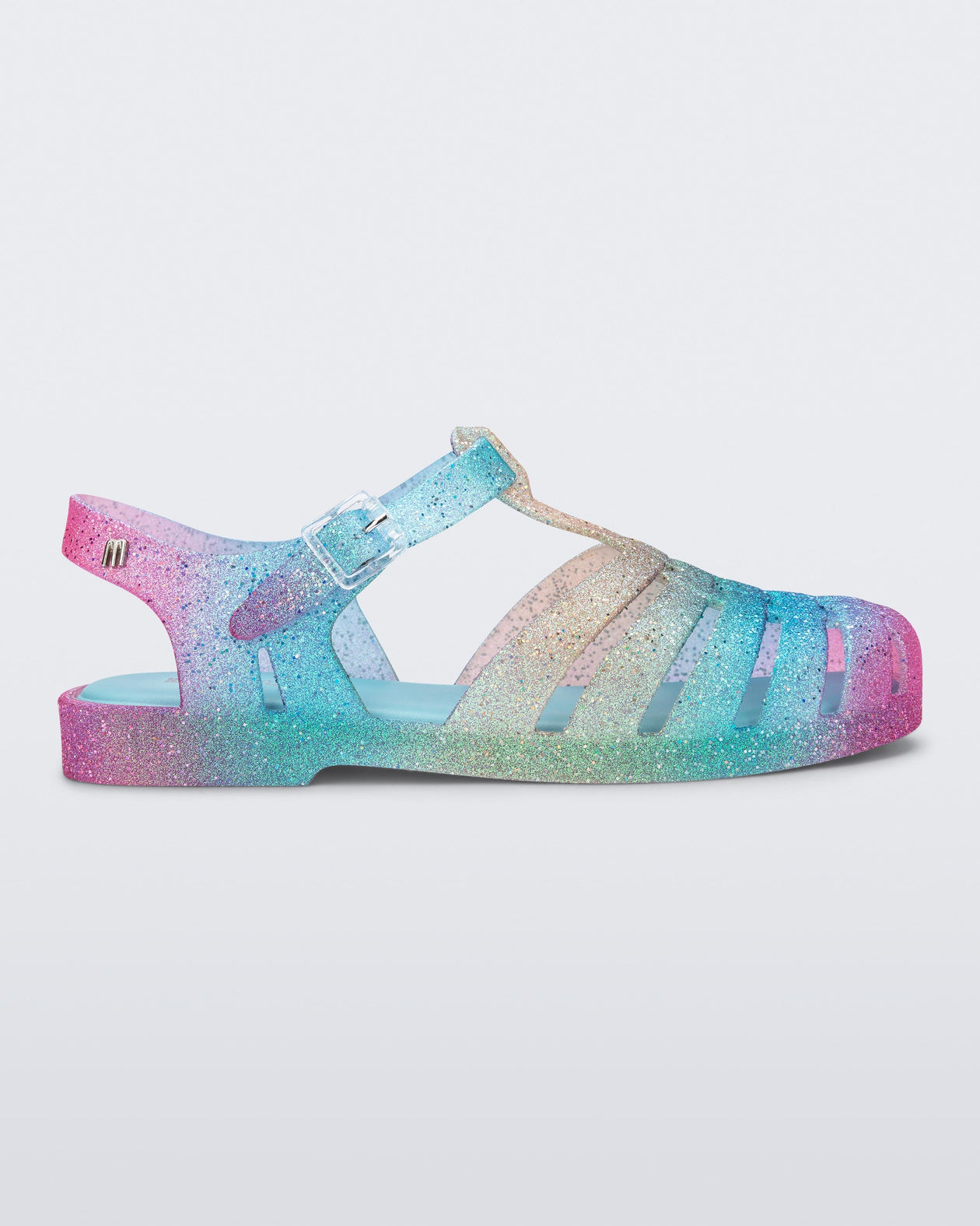 Side view of a blue and pink glitter Possession sandal.