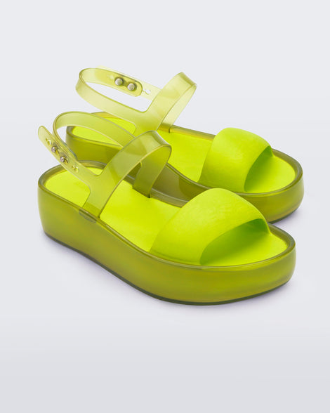 Angled view of a pair of green Float Platforms.