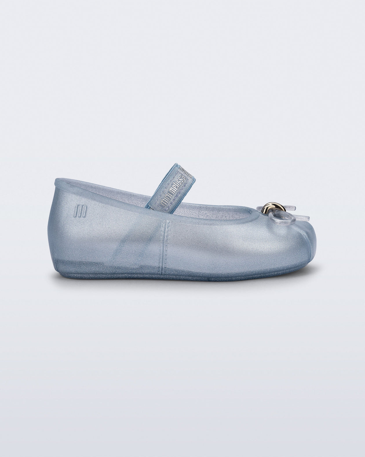 Side view of a pearly blue Sophie baby ballerina flat with bow