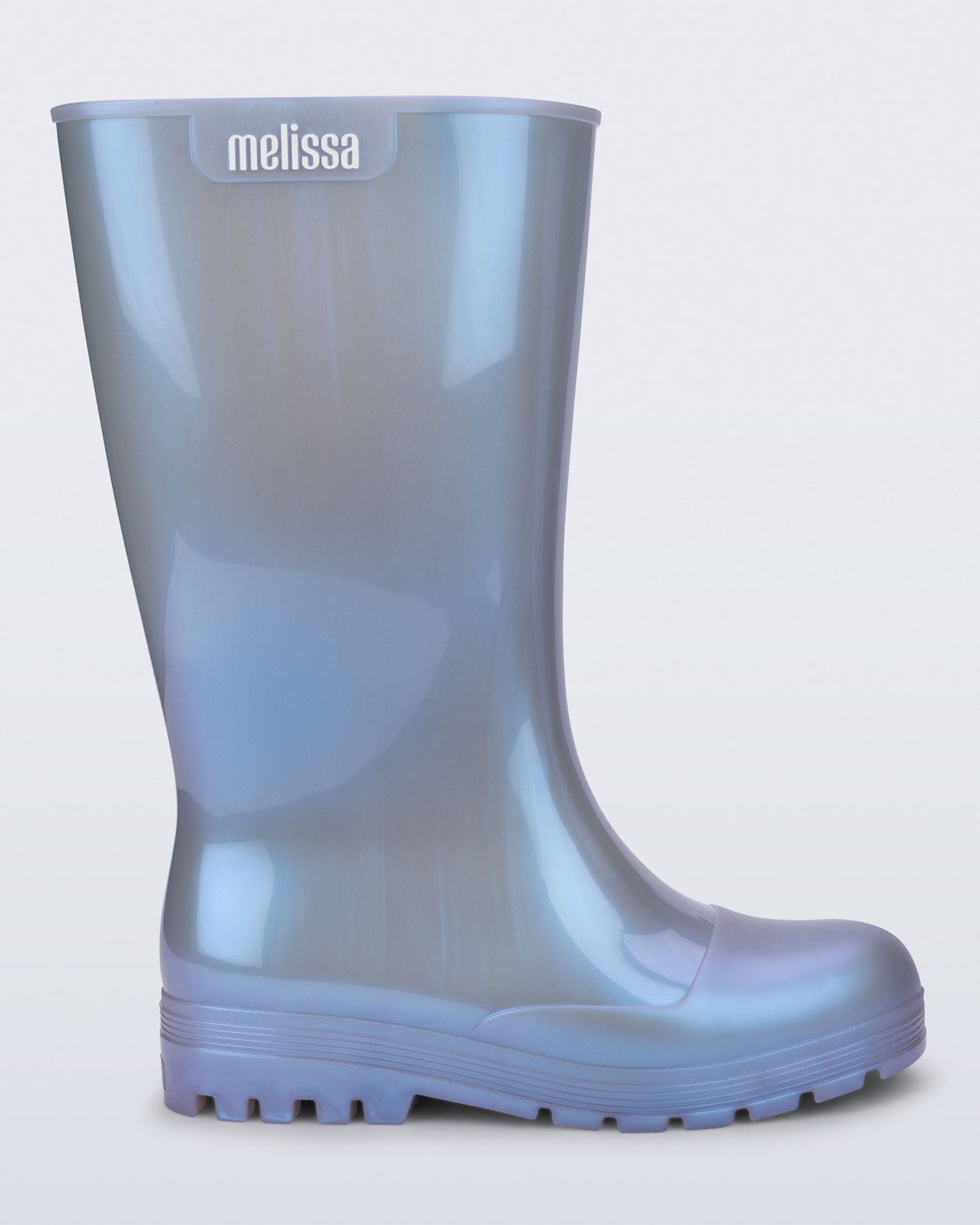 Side view of a pearly blue Welly rainboot.