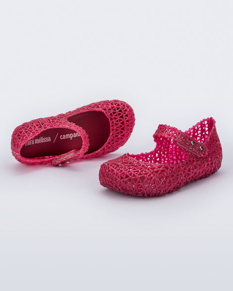 Top and angled view of a pair of red baby Campana ballerina flat