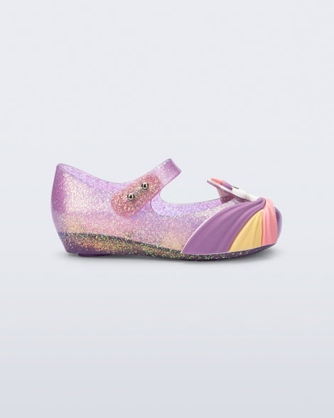 Side view of a glitter lilac baby Ultragirl Unicorn flat