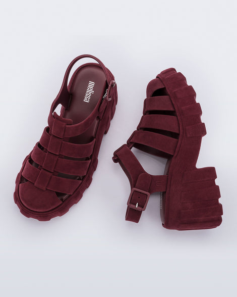 Top and side view of a pair of burgundy red Megan Velvet heel sandals.