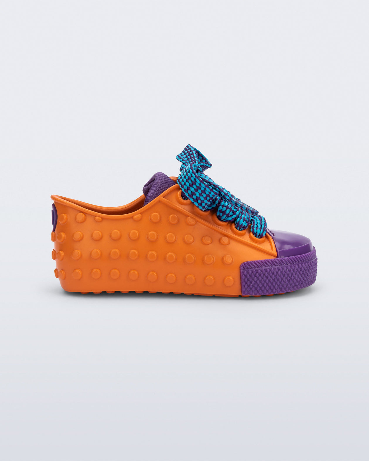 Side view of an orange and purple Polibolha baby sneaker with blue laces.