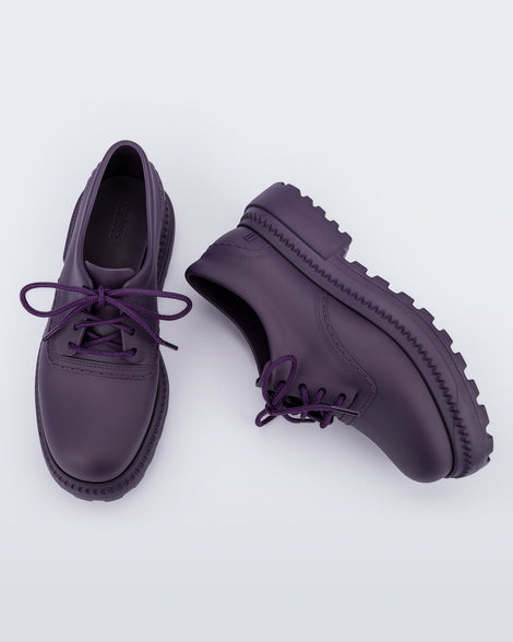 Top and side view of a pair of matte purple Charlotte adult sneaker loafers with laces