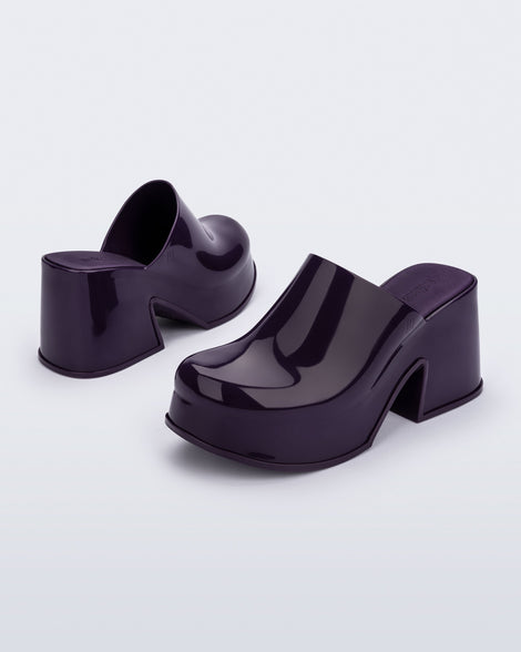 Back and front angled view of a pair of purple Mia Platform Mule Heels