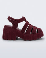 Side view of a burgundy red Megan Velvet heel sandal.