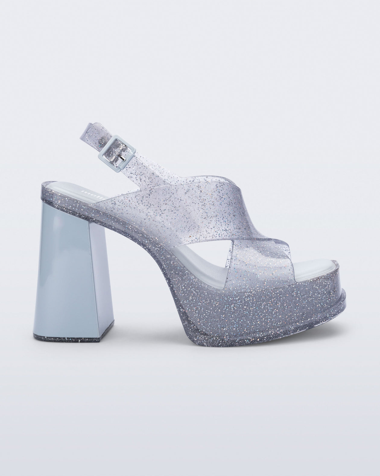 Side view of a clear glitter Dance Heel platform