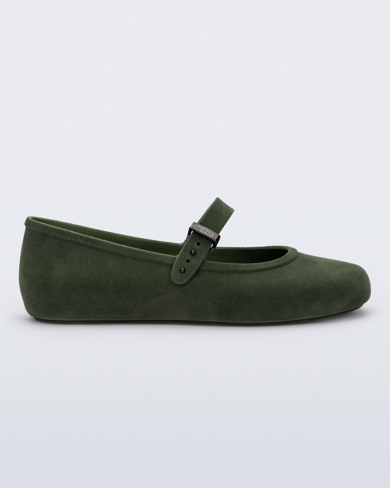 Side view of a green Soft Ballerina Velvet flat.