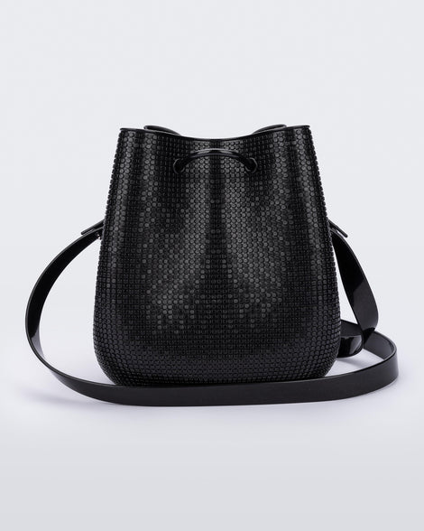 Back view of a black Lux bucket bag with drawstring and strap