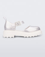 Side view of a Pearly white Ellie ankle strap loafer