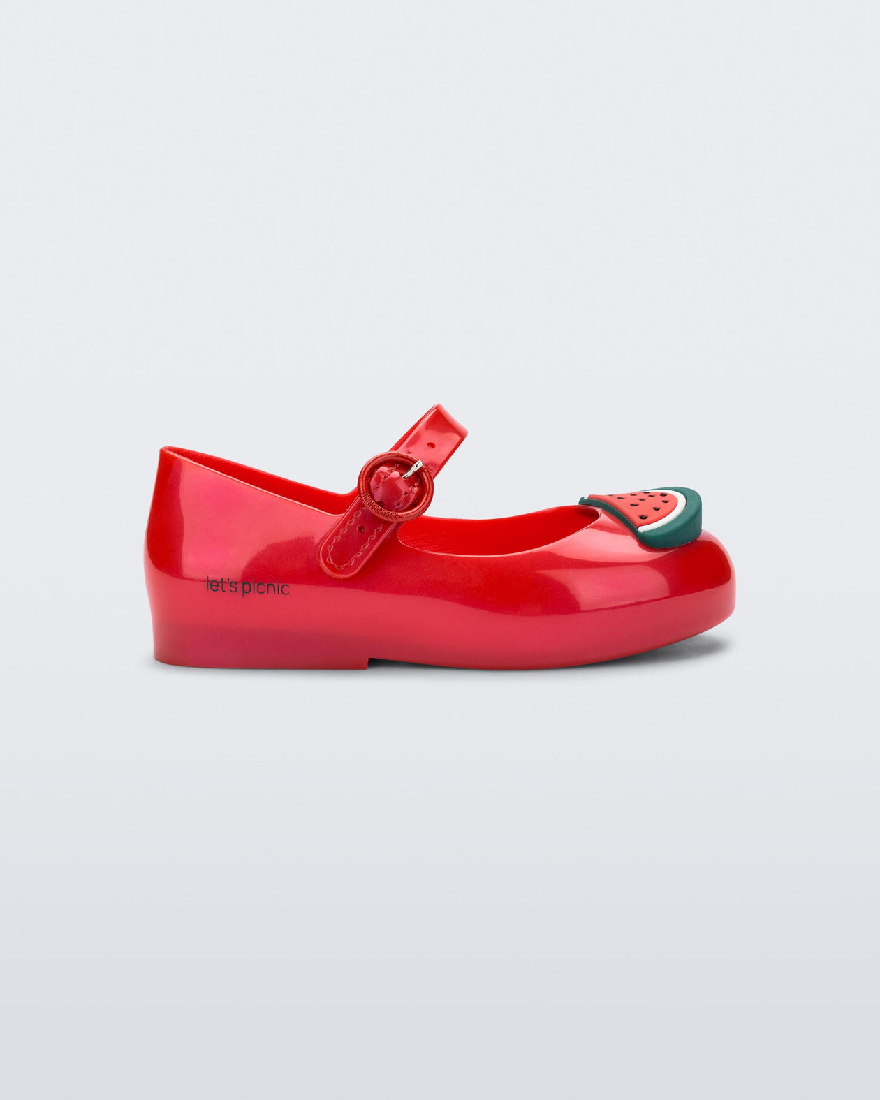 Side view of a red Sweet Love Picnic baby flats with watermelon slices