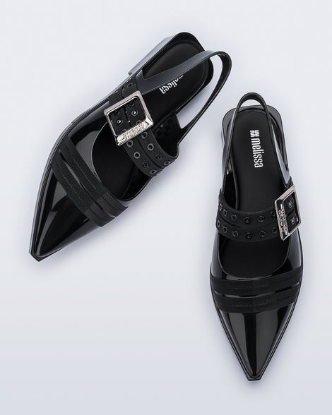 Angled and top view of a pair of black Ladylike flats