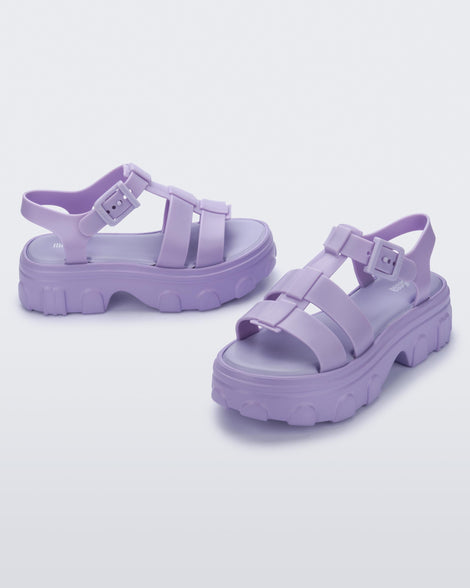 Side and angled view of a pair of lilac Ella platform sandals