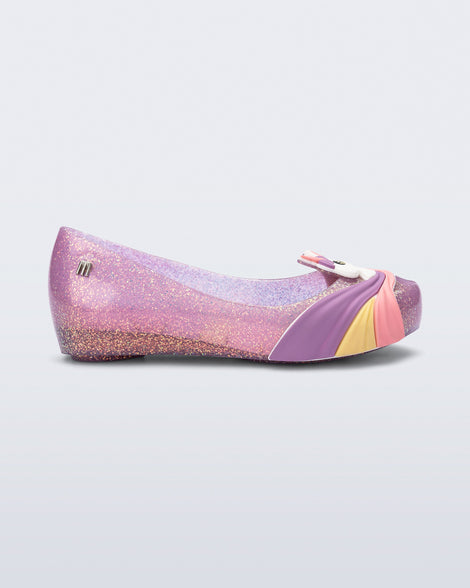 Side view of a glitter lilac kids Ultragirl Unicorn flat