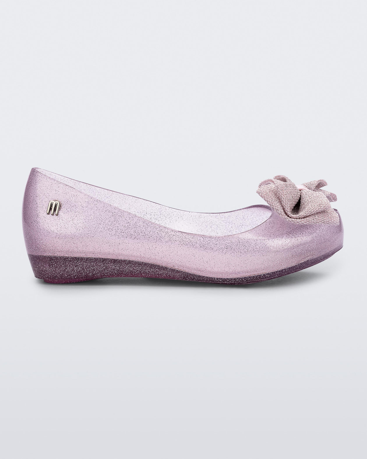 Side view of a glitter pink Ultragirl Sweet kids ballerina flat with bow