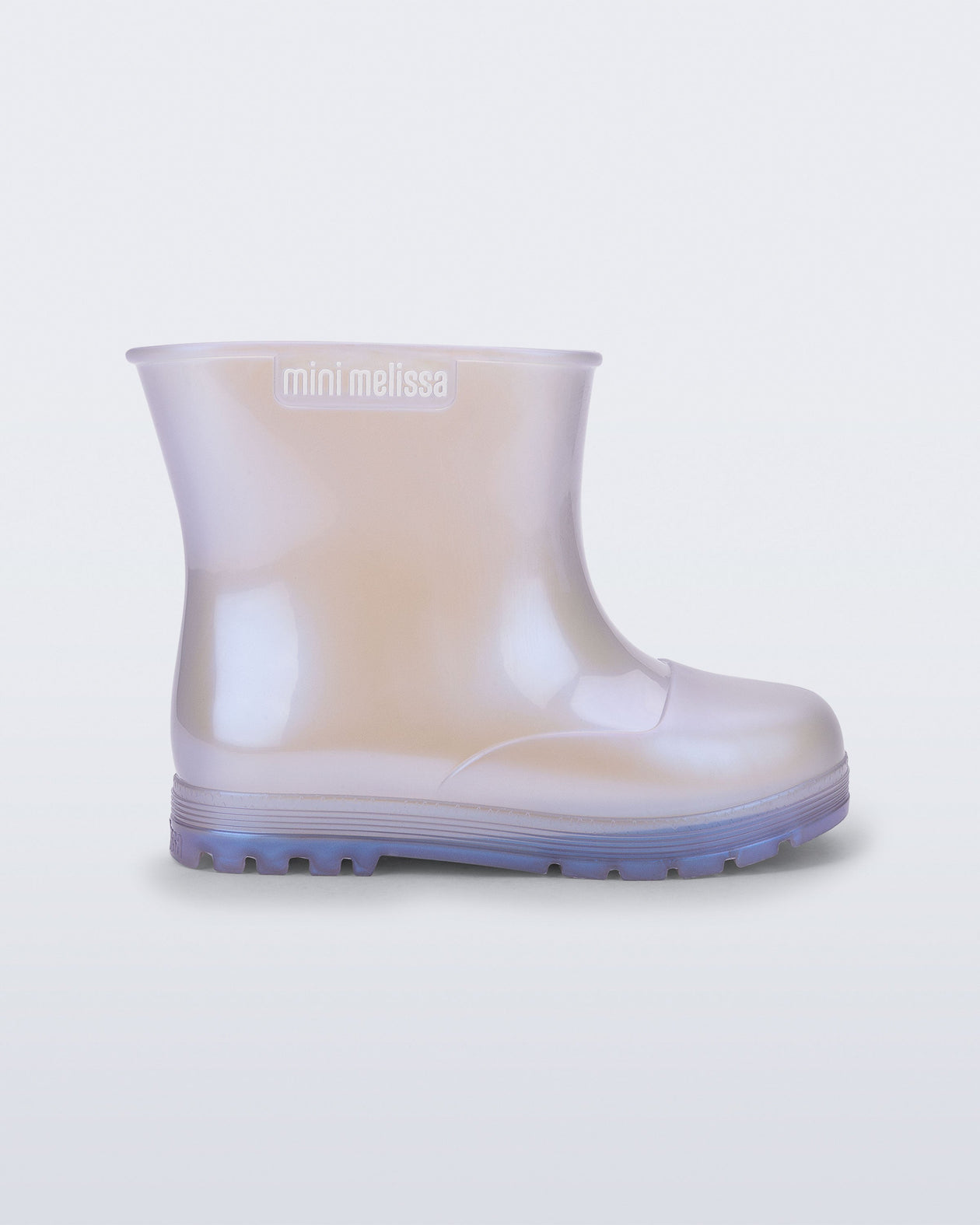 Side view of a pearly blue baby Welly rainboot