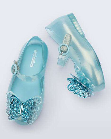 Top and side view of a pair of blue Sweet Love baby flats