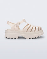 Side view of a beige Possession Platform II sandal.