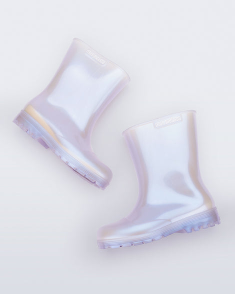 Side angled view of a pair of pearly blue kids Welly rainboots.