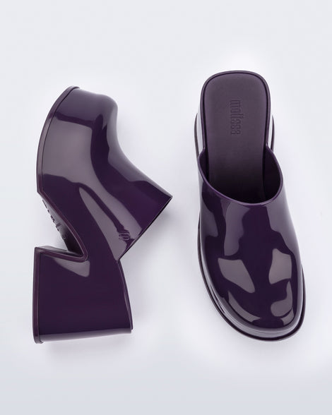 Top and side angled view of a pair of purple Mia Platform Mule Heels