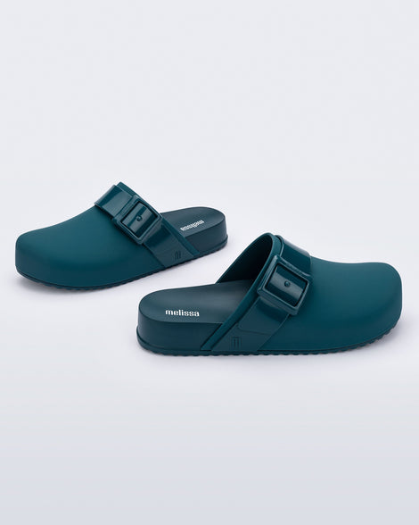 Angled view of a pair of adult blue Cozy Clog.