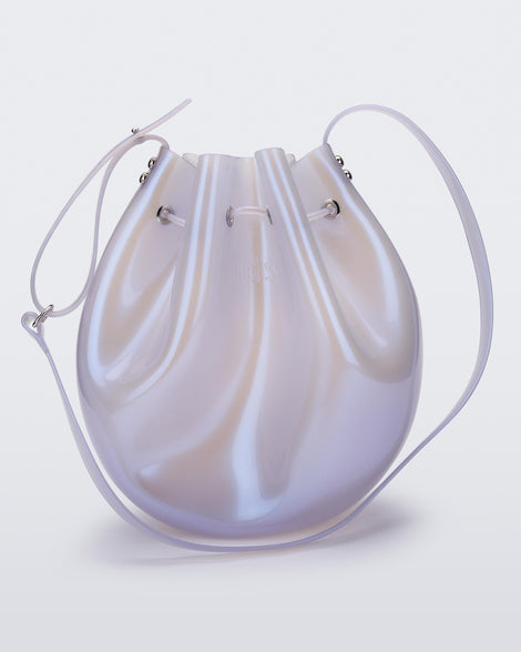 Back view of a pearly blue Sac drawstring bag.