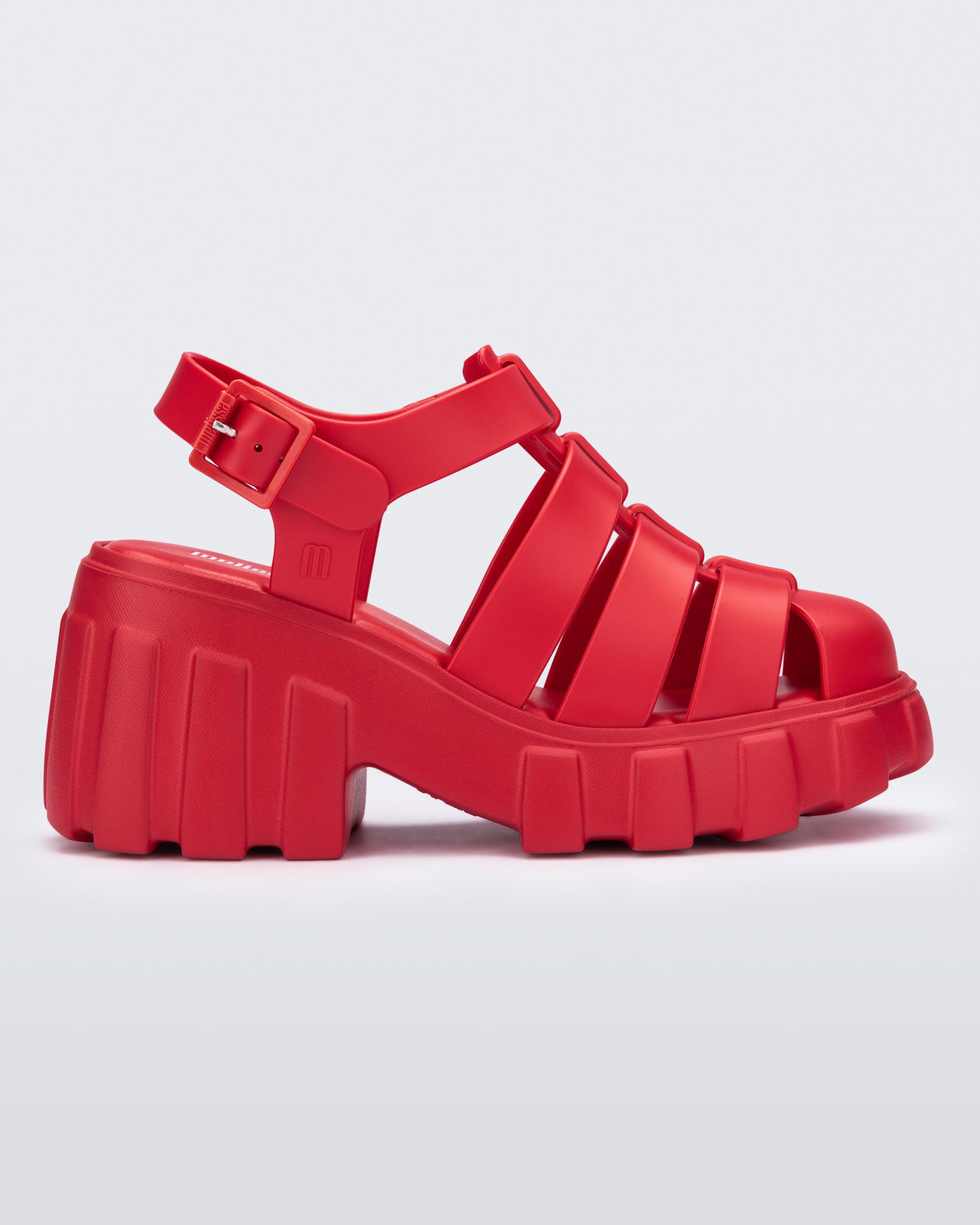 Side view of a red Megan platform heel sandal