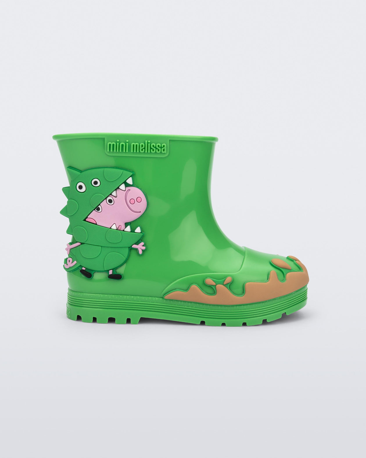 Side view of a green Welly Peppa Pig rain boot