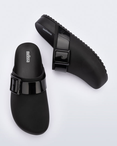 Top and side view of a pair of black adult Cozy Clog.