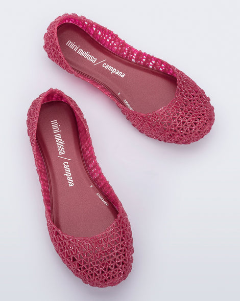 Top view of a pair of red glitter Campana kids ballerina flat