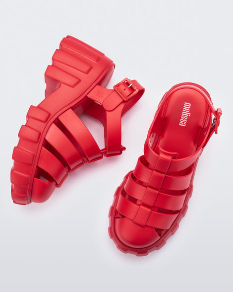 Top and side view of a pair of red Megan platform heel sandals