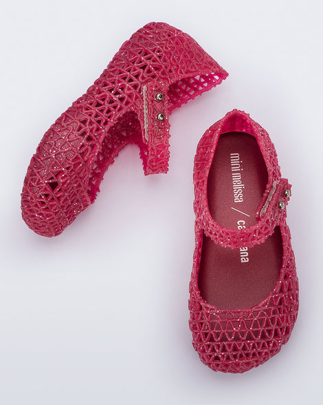 Top and side view of a pair of red baby Campana ballerina flat