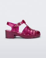 Side view of a glitter dark pink kids Possession Heel sandal