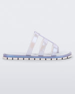 Side view of a pearly blue Path adult sandal with  blue sole