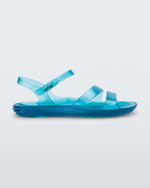 Side view of a blue Melissa Real Jelly Sandal with two front straps and an ankle strap.