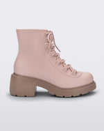 Side view of a pair of brown/pink Melissa Cosmo boots with a pink base, laces and a brown heel sole, laying on their side.