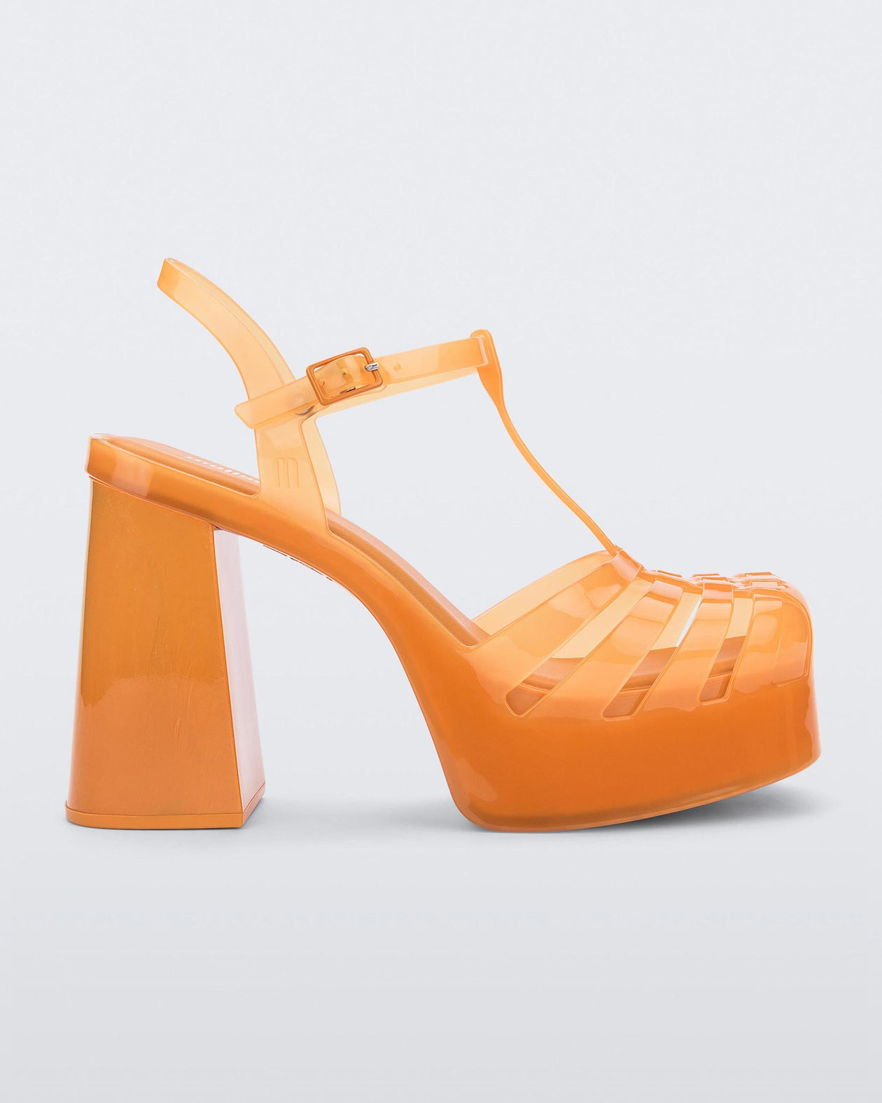 Side view of an orange Melissa Party Heel with several straps and a closed toe front.