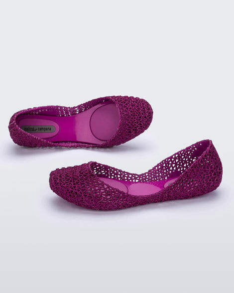 Top and angled view of a pair of purple Melissa Campana ballet flats. 