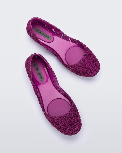 Top view of a pair of purple Melissa Campana ballet flats.